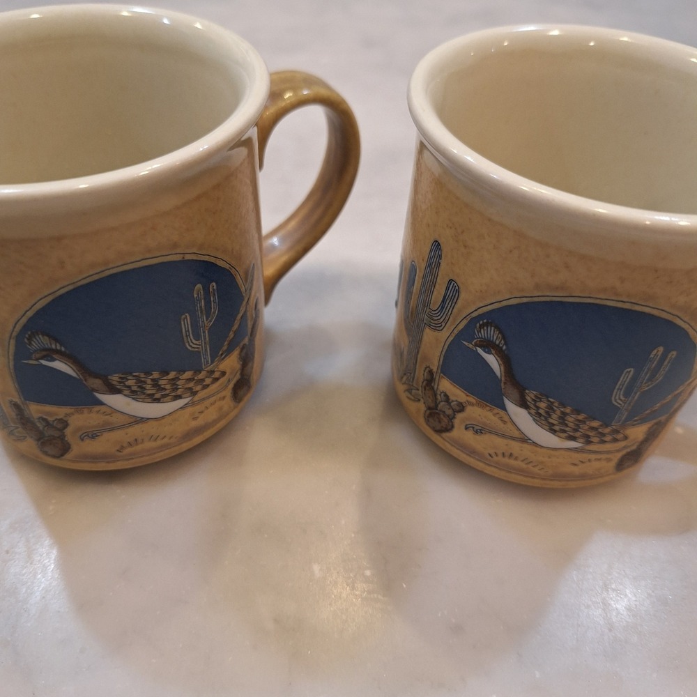 Vtg MCM Otagiri Roadrunner Mugs 2 qty Southwestern Cactus Desert Stoneware